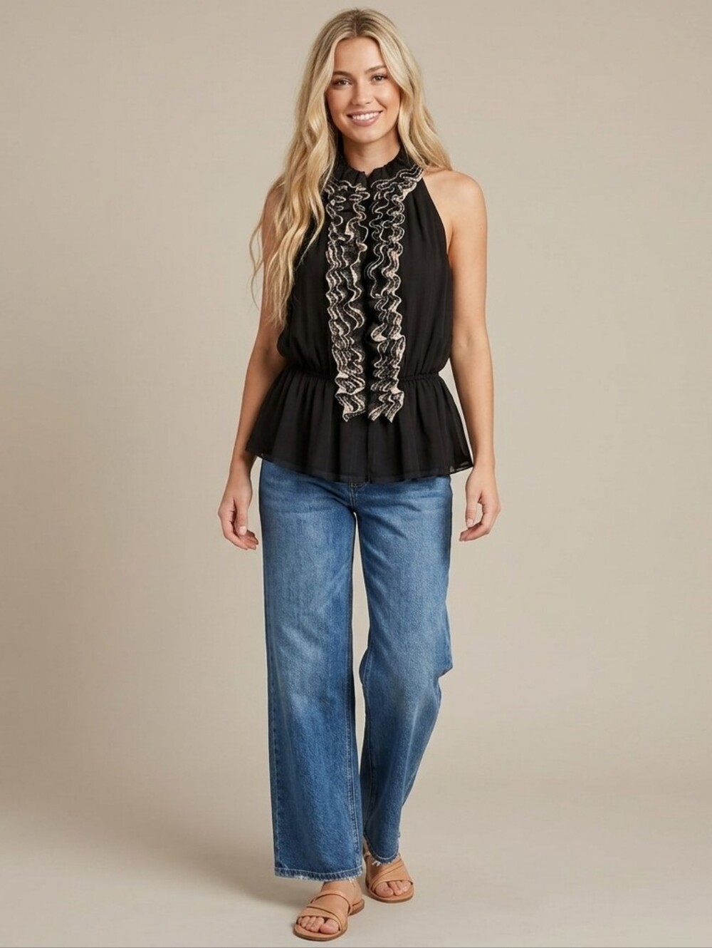 NWT Ruffle Collar & Front Top Chiffon & Lace Sleeveless Black & Tan